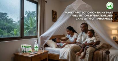 pharmacist explaining rainy season disease prevention to family in Ghana