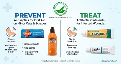 Citi Pharmacy pharmacist comparing antiseptic cream vs antibiotic cream for minor cuts in Ghana