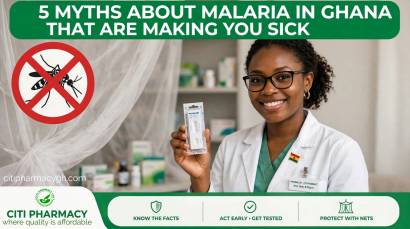 Ghanaian pharmacist at Citi Pharmacy holding malaria rapid diagnostic test kit with mosquito net background