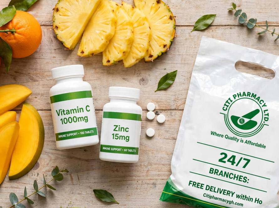Ghanaian fruits (orange, pineapple, mango) + Vitamin C, Zinc supplements on wooden table with Citi Pharmacy bag