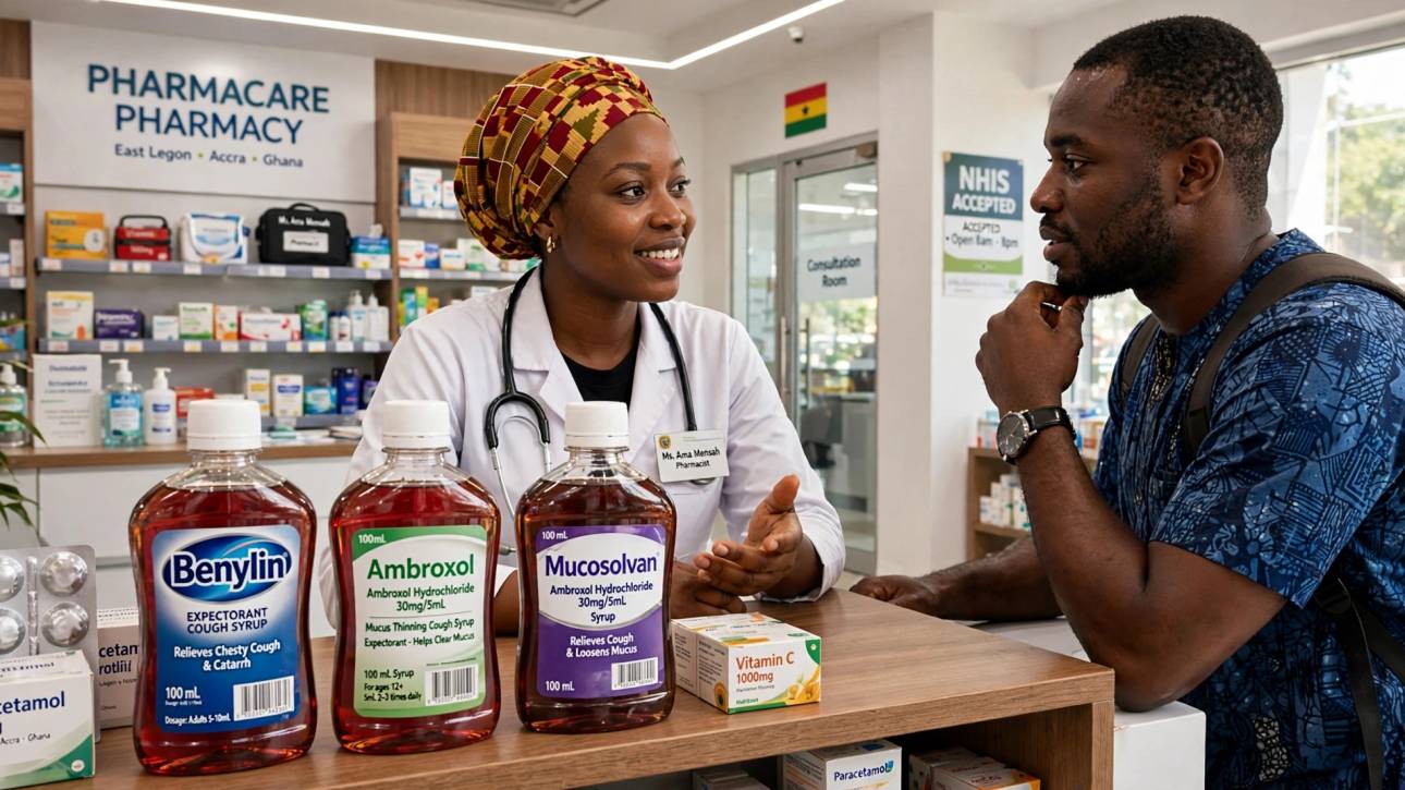 Pharmacy shelf with Benylin, Ambroxol, Mucosolvan syrups + pharmacist advising customer