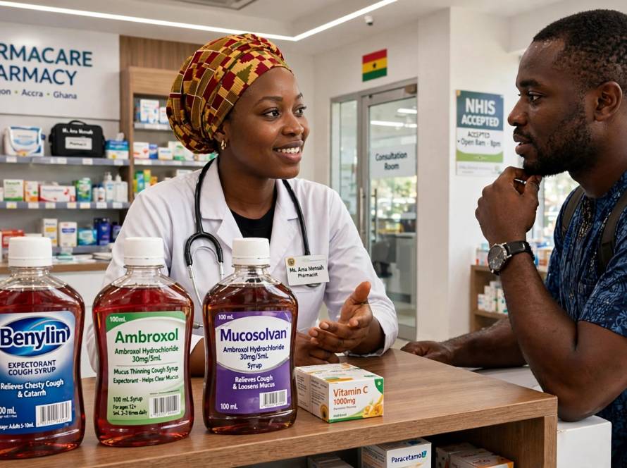 Pharmacy shelf with Benylin, Ambroxol, Mucosolvan syrups + pharmacist advising customer