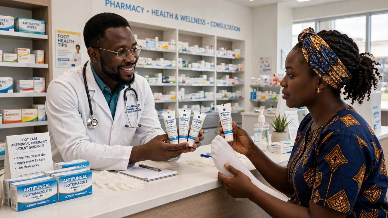 Citi Pharmacy Pharmacist showing antifungal creams to customer