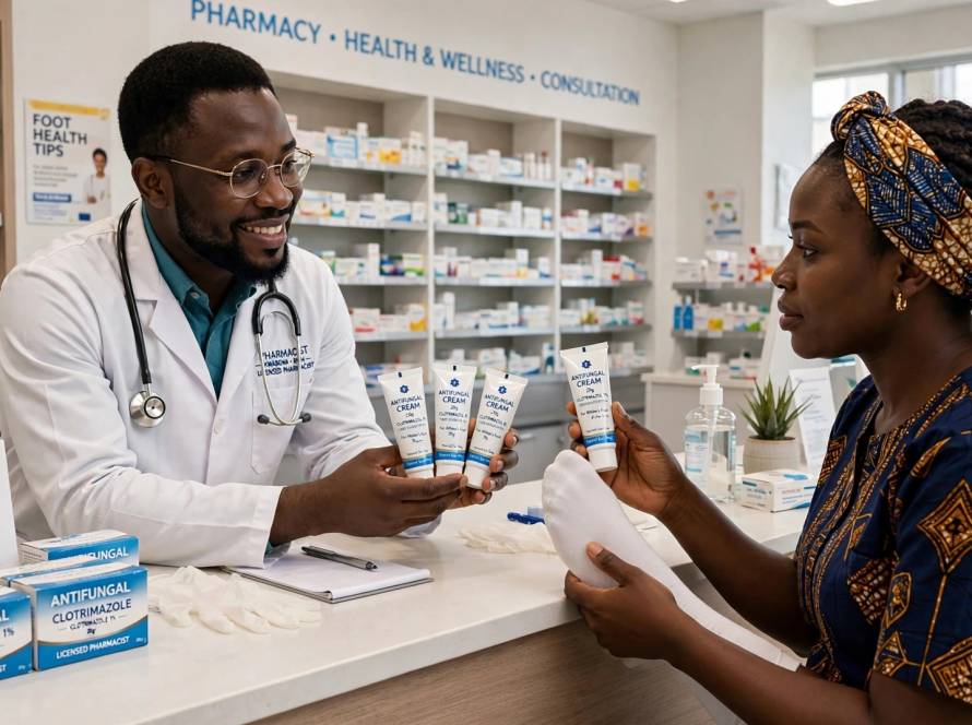 Citi Pharmacy Pharmacist showing antifungal creams to customer