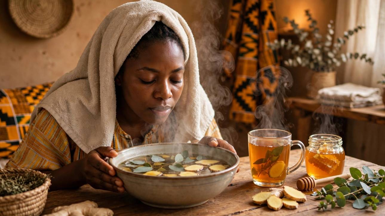 Person inhaling steam with towel / warm ginger-honey tea on table