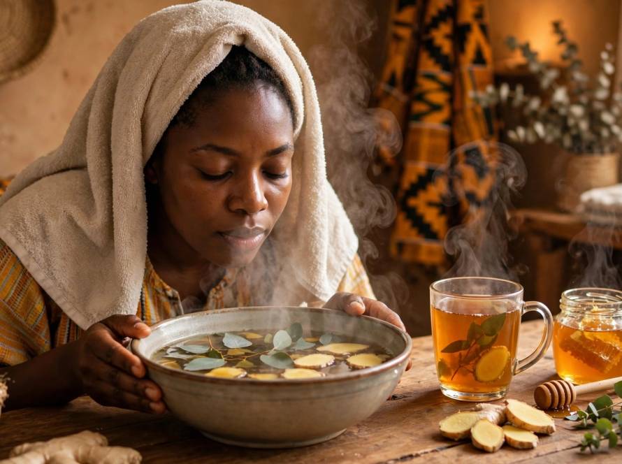 Person inhaling steam with towel / warm ginger-honey tea on table