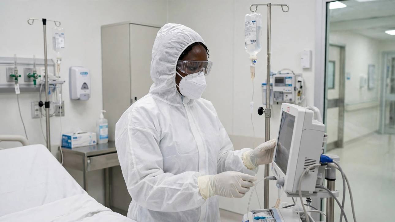 Ghanaian health worker in PPE in isolation room - Ebola prevention