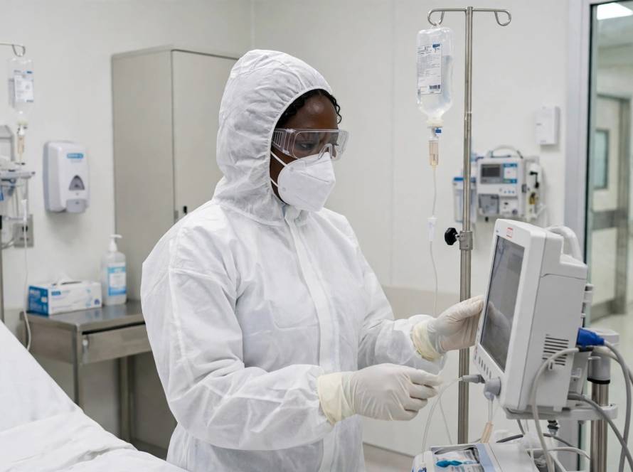Ghanaian health worker in PPE in isolation room - Ebola prevention