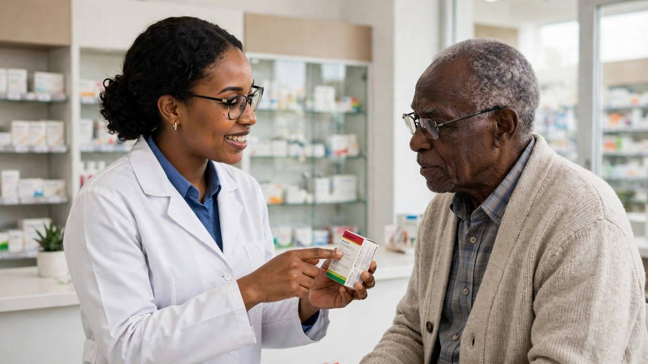 Citi Pharmacy Pharmacist explaining medicine label to patient.